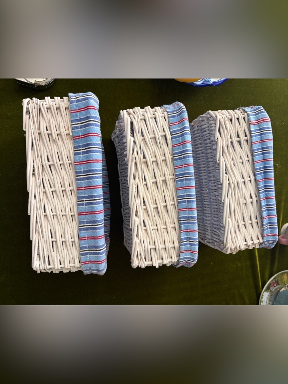White Wicker Basket with Blue Striped Fabric Trim